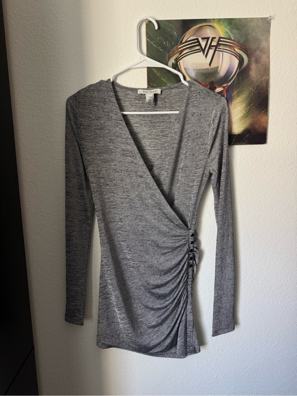 Y2K Draped Wrap-Front Long Sleeve Mini Dress - Gray